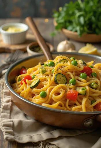 Fideuà vegetariana, zöldségekkel és tésztával tálalva, paella stílusban