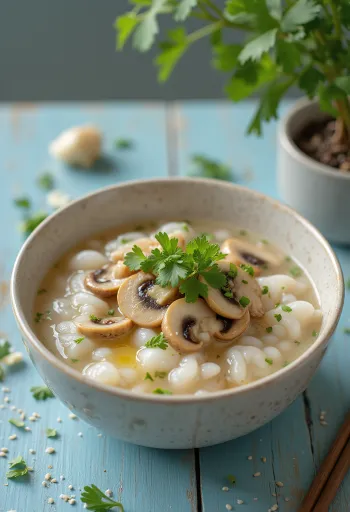 Gombás Congee, kínai rizs kása gombával, gyömbérrel és fokhagymával