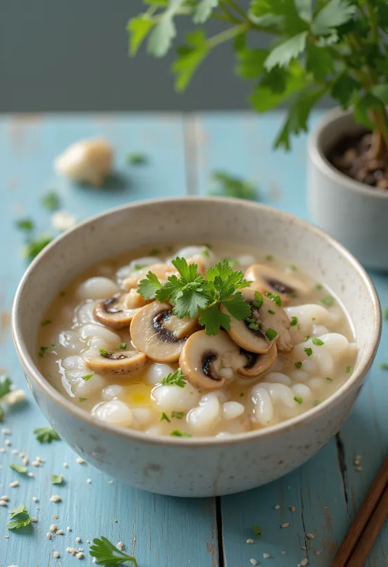 Gombás Congee, kínai rizs kása gombával, gyömbérrel és fokhagymával