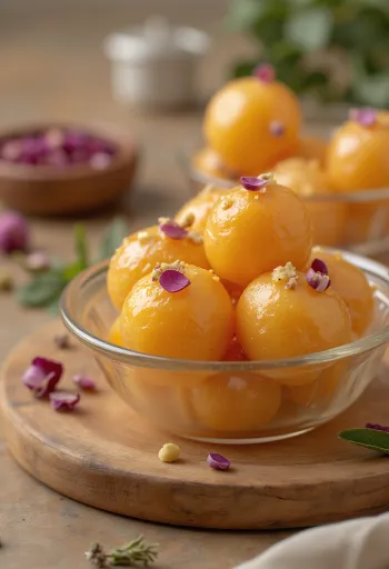 Gulab Jamun tejporral, szirupban áztatott indiai édesség