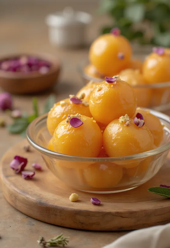 Gulab Jamun tejporral, szirupban áztatott indiai édesség