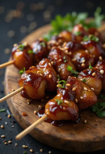 Hatsu yakitori csirke szív pálcikán, szezámmaggal és friss zöldhagymával tálalva