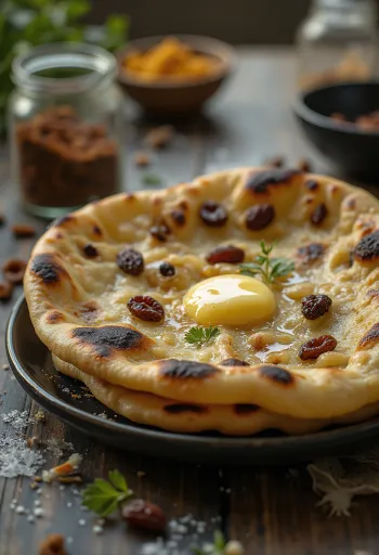 Kardamomos-mazsolás naan kenyér tálalva