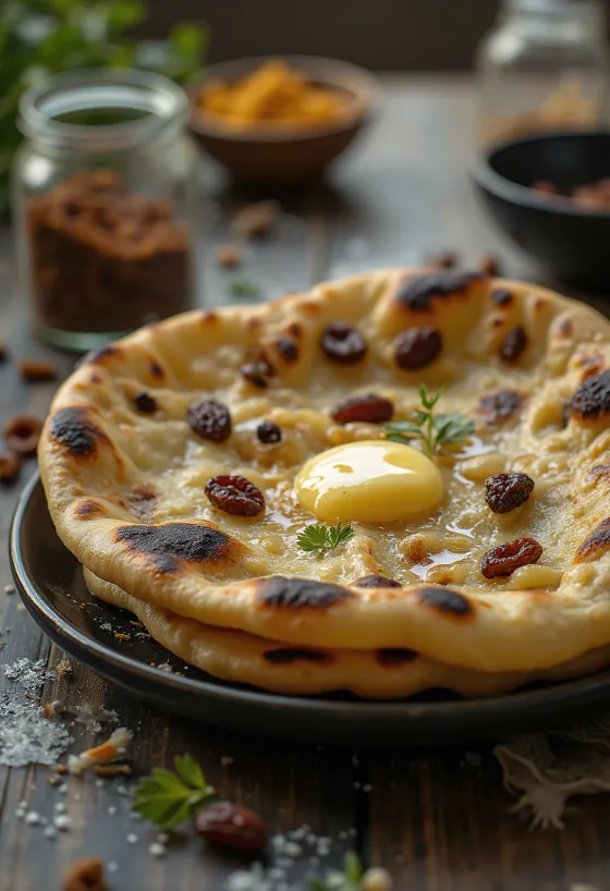 Kardamomos-mazsolás naan kenyér tálalva