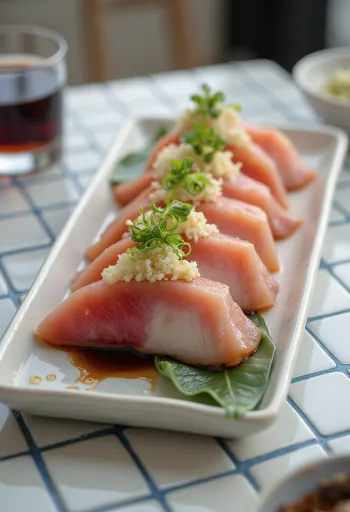 Katsuo tataki friss tonhallal, szójaszószos öntettel és szezámmaggal