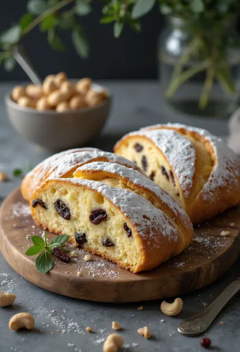 Kesudiós Stollen szeletelve, porcukorral meghintve