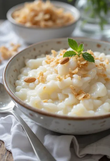 Kókuszos kheer desszert kókuszreszelékkel és mandulával díszítve