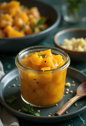 Mango chutney, egy üvegedényben, friss mangóból és fűszerekkel készült