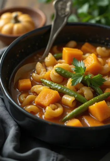 Minestrone sütőtökkel, zöldségekkel és tésztával tálalva