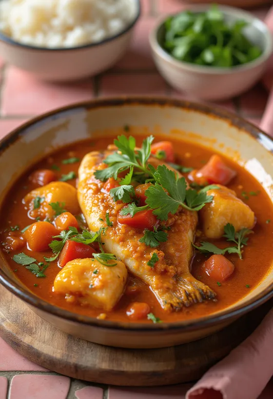 Moqueca gazdag szósszal, hal és zöldségek kókusztejjel