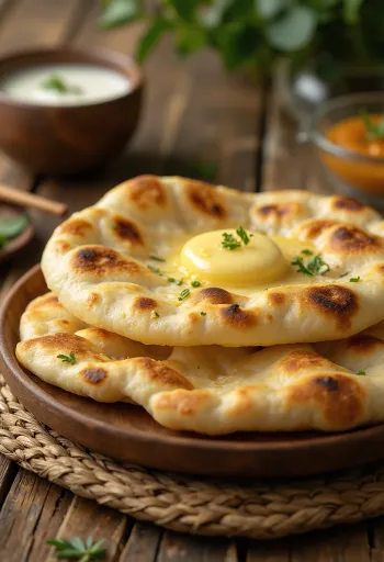 Frissen készült indiai naan lepénykenyér tálalva