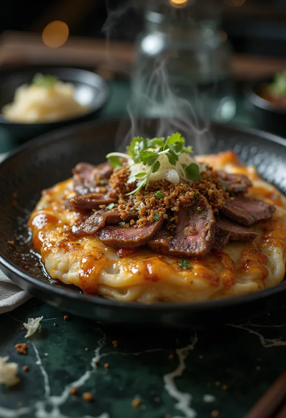 Marhahússal készült okonomiyaki tálalva, okonomiyaki szósszal és bonito pelyhekkel