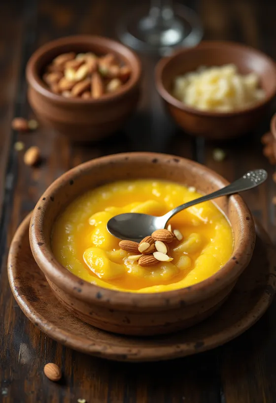 Phirni karamellel tálalva, mandulával megszórva