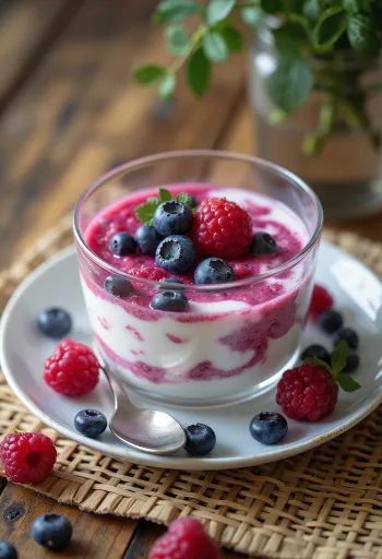 Bogyós gyümölcsös kefir pohárban, krémes, rózsaszínes-lila árnyalatú ital friss gyümölcsökkel