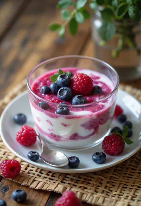 Bogyós gyümölcsös kefir pohárban, krémes, rózsaszínes-lila árnyalatú ital friss gyümölcsökkel