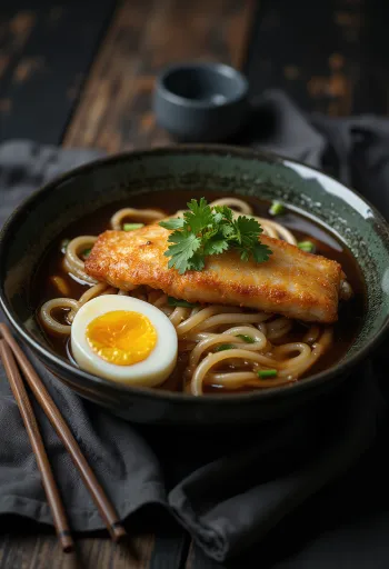 Ramen sült halakkal, tojással, zöldhagymával és csilipaprikával tálalva