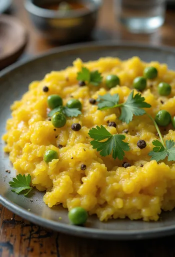 Rava pongal, friss korianderrel és reszelt kókusz díszítéssel tálalva