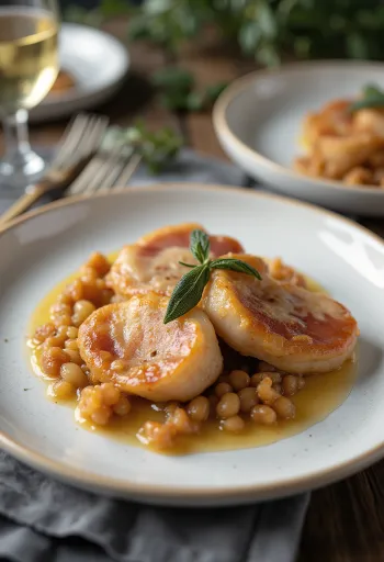 Saltimbocca klasszikus borjúhússal, parmai sonkával és zsályával tálalva, fehérboros szósszal