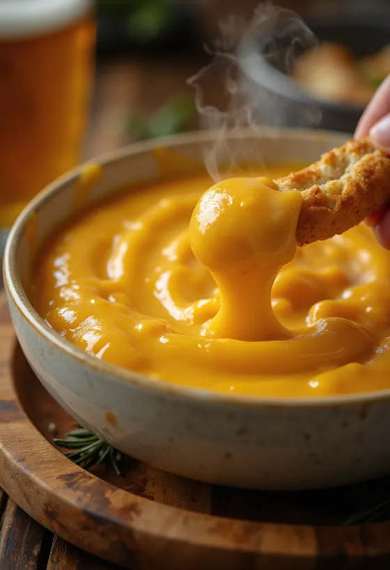 Sörös cheddar fokhagymaszósz tálalva