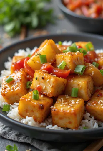 Sült tofu édes-savanyú öntettel tálalva