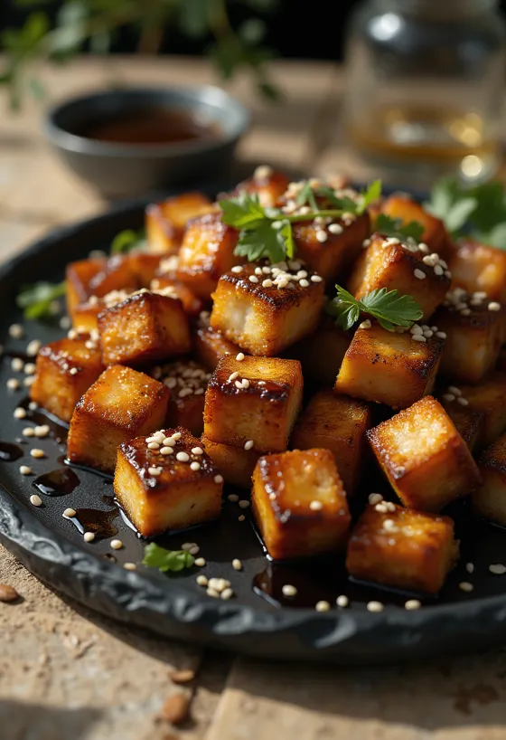 Sült tofu pácban tálalva pirított szezámmaggal