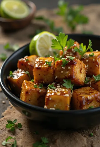 Tamari tofuval, szójaszószban sült tofu, friss korianderrel, lime-mal és rizssel tálalva