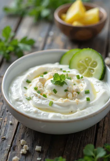 Tirokafteri feta sajttal és joghurttal, gazdag feta sajtkrém tálalva pita kenyérrel és zöldségekkel