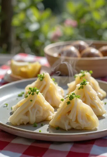 Tofuval készült zongzi gőzölve, friss korianderrel