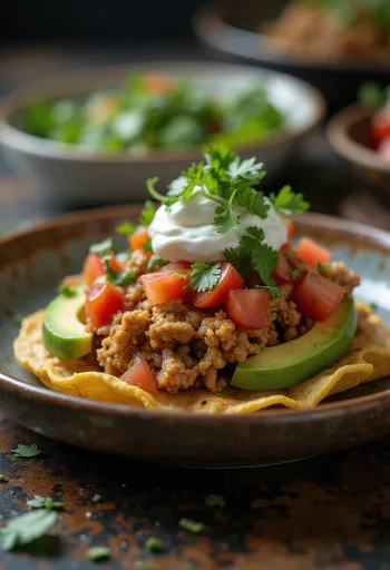 Tostada sertéshússal, friss avokádóval és joghurttal tálalva