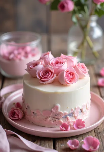 Valentin-napi rózsás torta fehér fondant borítással és rózsaszirmokkal