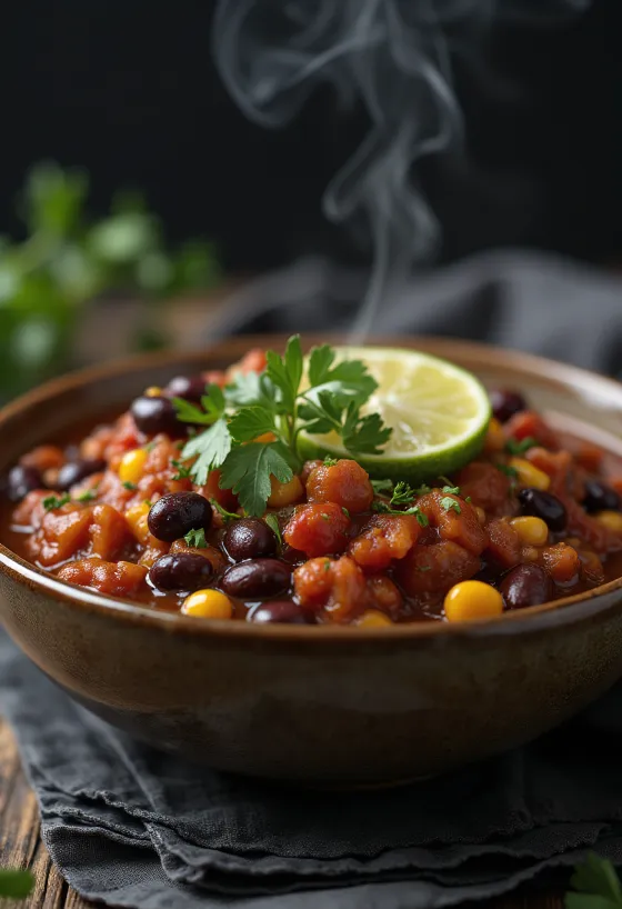 Vegán chili bab, gazdag fűszeres szószban, friss korianderrel díszítve.