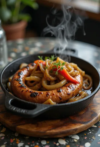 Boerewors hagymával, paprikával és fűszerekkel egy serpenyőben
