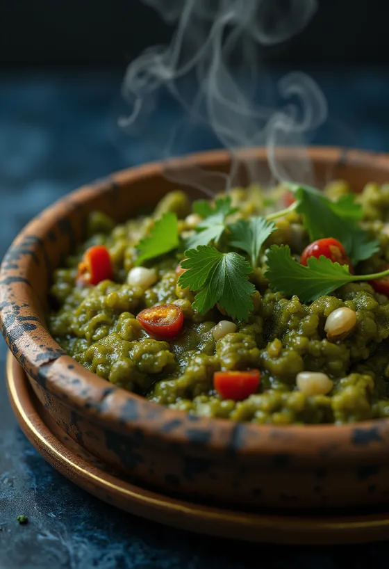 Callaloo kókusztejjel, friss korianderrel tálalva