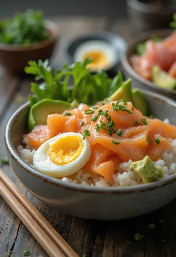Chirashi főtt tojással friss lazaccal, avokádóval és szójaszósszal tálalva