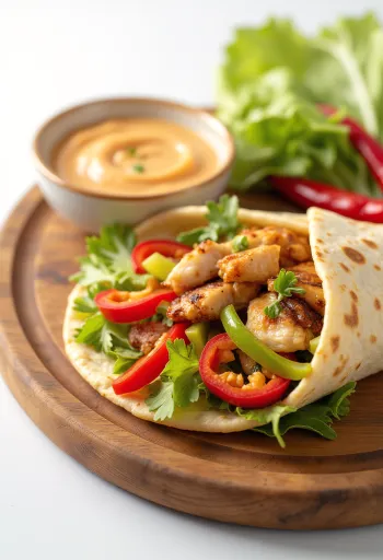 Csípős wrap grillezett csirkével, chilivel, paprikával és salátával töltve, krémes szósszal