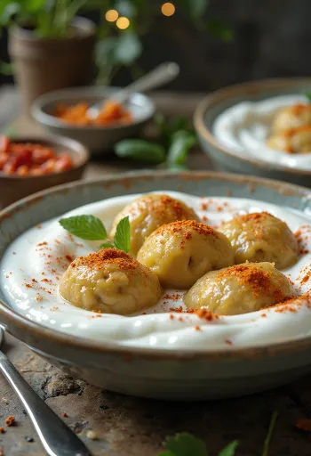 Frissen készült Dahi Vada, fűszeres joghurttal, korianderrel és köménnyel díszítve