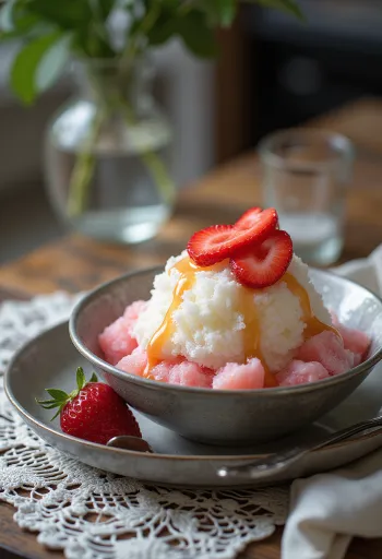 Epres bingsu, koreai jégkása friss eperrel és tejszínnel