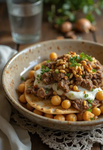 Fatteh bárányhússal, pirított pita darabokkal, csicseriborsóval, tahinis joghurttal és pörkölt fenyőmaggal.