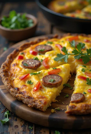 Frittata kolbásszal és paprikával, gazdag tojásos étel tálalva.