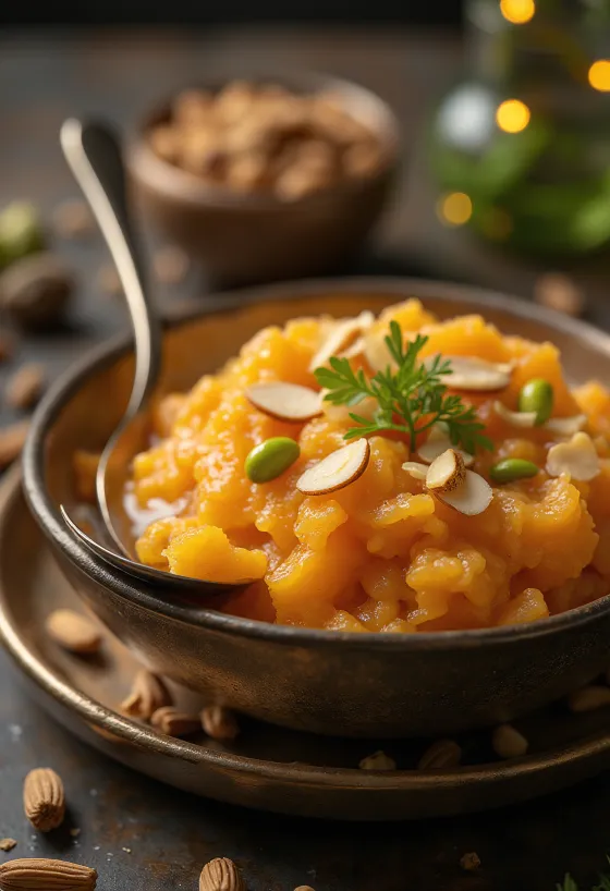 Gajar ka halwa frissen tálalva, kardamommal és mandulával