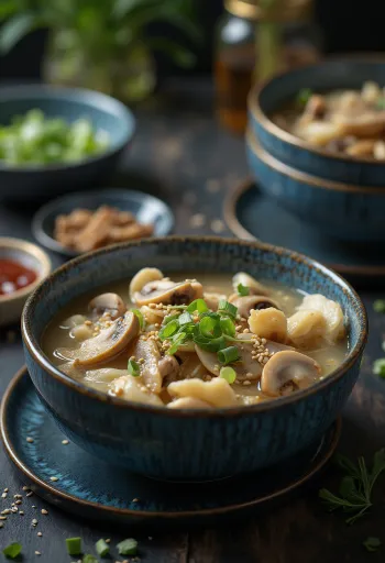 Gombás Sujebi, koreai tészta leves gombával és póréhagymával
