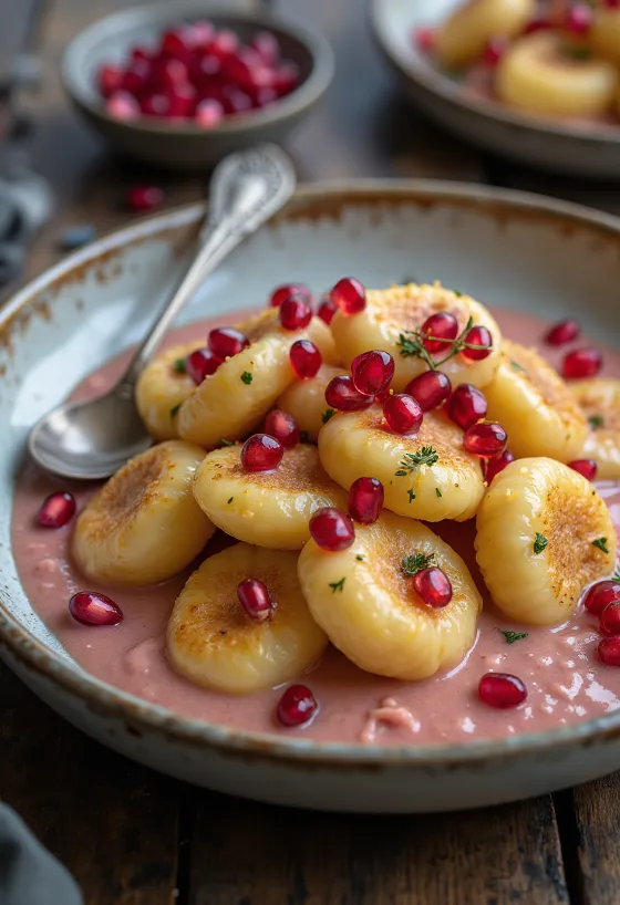 Gránátalmás és rózsavizes gnocchi tálalva