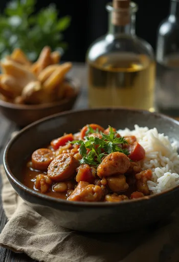 Gumbo paradicsommal, gazdag paradicsomos alaplével, csirke és kolbász darabokkal