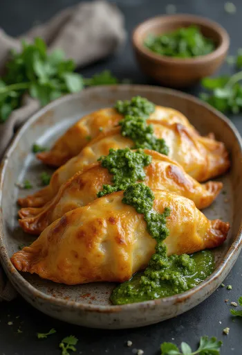 Húsos empanada chimichurri szósszal, aranybarna, ropogós tészta friss chimichurri szósszal