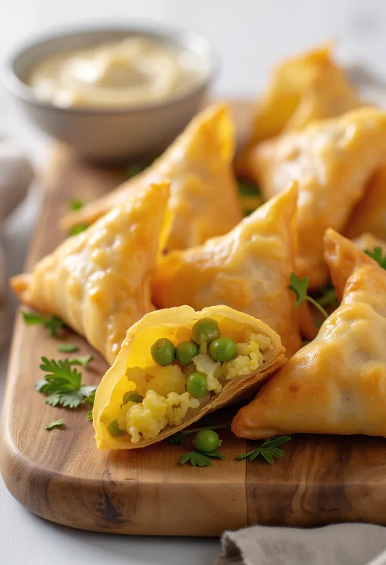 Karfiolos-borsós samosa tálalva