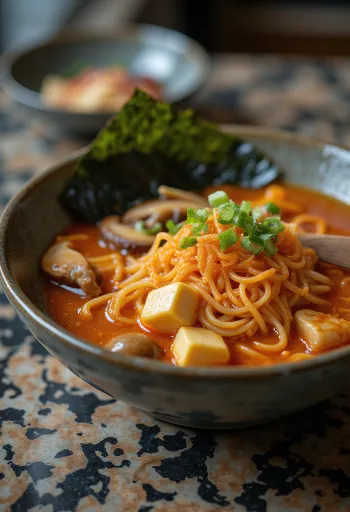 Kimchi ramen tálalva tofuval és fermentált káposztával