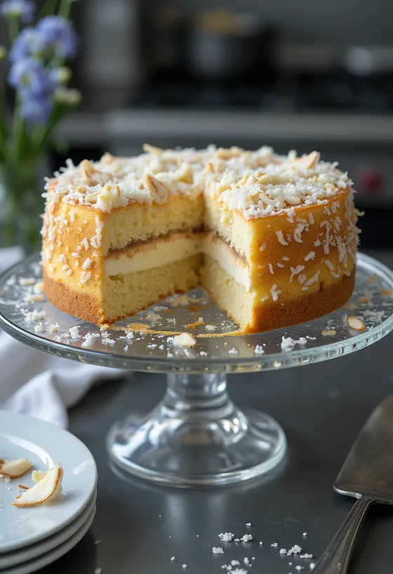 Kladdkaka fehér csokoládéval és kókuszreszelékkel, finom és gazdag sütemény tálalva