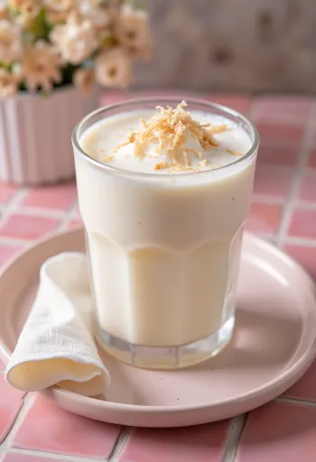 Kókuszos lassi tálalva, jégkockákkal és kókuszreszelékkel díszítve