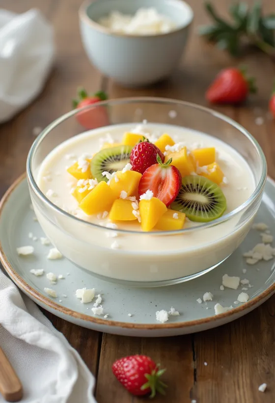 Manjar con frutas, kókuszos puding friss gyümölcsökkel tálalva.