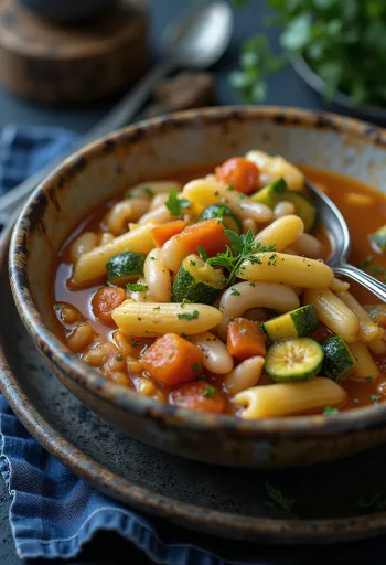 Minestrone leves tésztával tálalva, sok zöldséggel, burgonyával és babbal